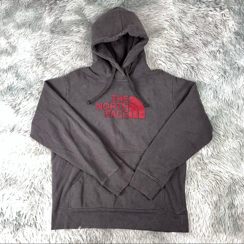 THE NORTH FACE Men’s Gray Red Logo Fleece Heavyweight Pullover Hoodie M